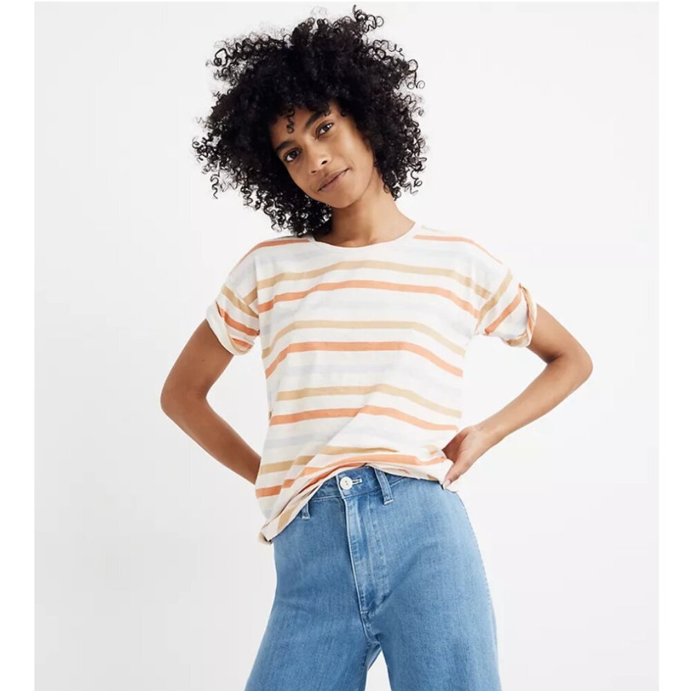 Madewell - Whisper Cotton Crewneck Tee in Birchmont Stripe L1485 | Small | Java